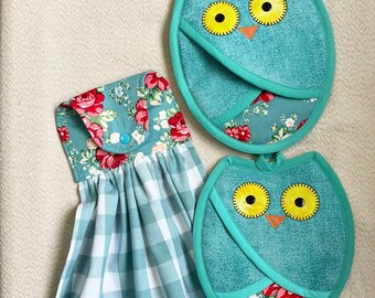 Country Owl Pot Holders And Hanging Kitchen Towel Gift Set, Aqua and White Kitchen Towel, Hostess Gift,Housewarming, Pocket Potholders,Owl