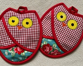 Owl Potholders,Owl Lover Pot Holder, Owl Kitchen, Oven Mitts,Hot pads, Hostess gift, Birthday Gift,Housewarming,Gift Under 25, Bridal Shower