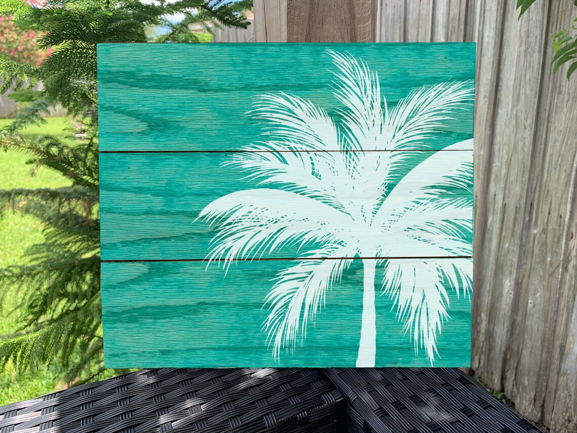 Hand Painted Caribbean Blue Beach Reclaimed Wood Palm Tree Painting ...