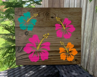 Hand Painted Reclaimed Wood Hibiscus Flower Painting Wood Sign