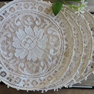 Vintage Lace Doilies, Ivory, Rose Motif, 8” Round, Set of Four