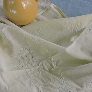 Vintage Pale Yellow Embroidered Tablecloth, Cutwork Linen, 43” by 48”