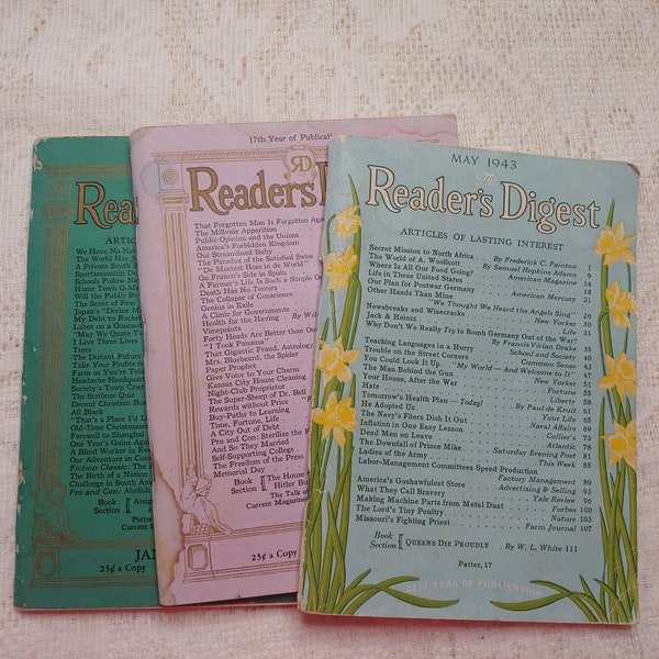 Vintage Reader's Digest Magazines, Set of 3, Junk Journal Ephemera, 1938-1944, WWII Era Reader's Digest, 3 Random Magazines