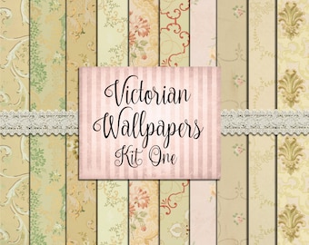 May include: A set of 10 digital printable Victorian wallpaper patterns in a variety of floral and geometric designs. The patterns are in shades of cream, green, and pink. The text "Victorian Wallpapers Kit One" is displayed on a pink and white striped background.