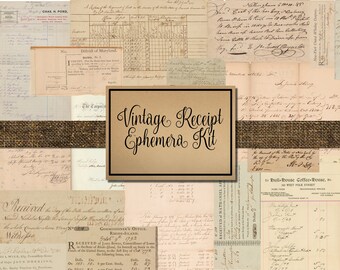 May include: A vintage ephemera kit with a brown burlap ribbon and a brown paper label that says "Vintage Receipt Ephemera Kit". The kit includes various vintage receipts, documents, and papers with handwritten text.