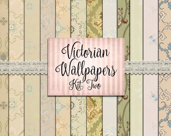 May include: A set of 10 digital printable Victorian wallpaper patterns in a variety of colors and designs. The patterns are labeled "Victorian Wallpapers Kit Two".