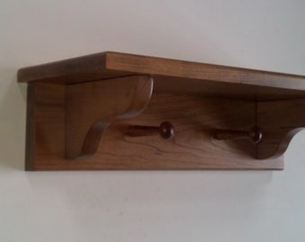 Solid Cherry 2-Peg Wall Mount Coat Rack/Shelf