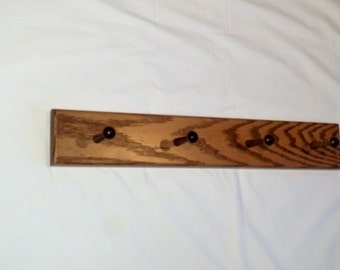 Solid  Oak 5-Peg Wall Mount Coat Rack with Dark Stain