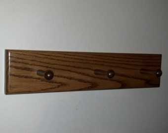 Solid  Oak 3-Peg Wall Mount Coat Rack with Dark Stain