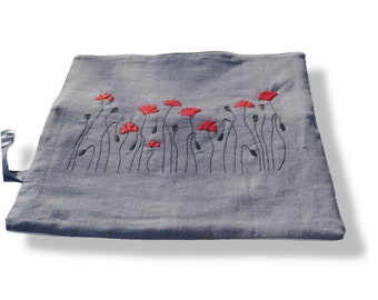 Knitting needle bag, needle roller, needle organizer, linen dark gray with poppy flower embroidery