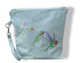 Sac de projet en toile, menthe, broderie colibri