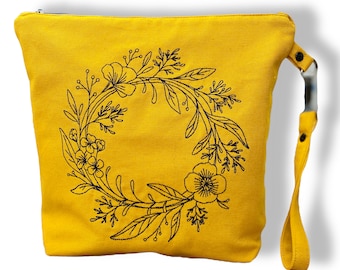 Sac de projet en toile, jaune curry, broderie couronne florale