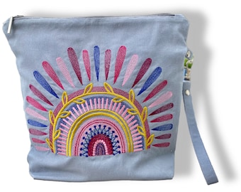 Sac de projet en toile, gris clair, broderie arc-en-ciel