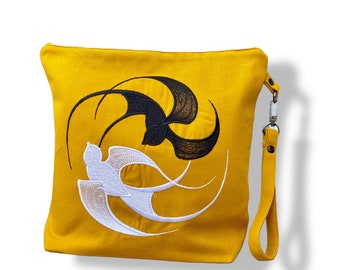 Project bag canvas, curry yellow, embroidery swallows