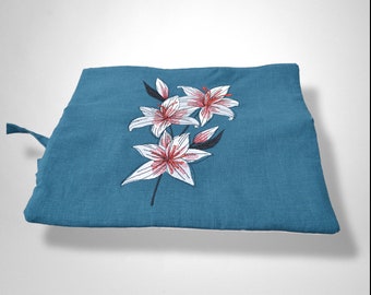 Knitting needle bag, needle roller, needle organizer, linen petrol with embroidery lilies