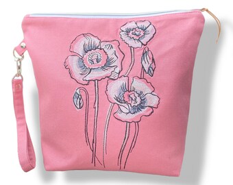 Project bag canvas, old pink, embroidery poppies