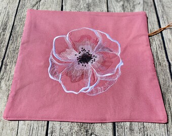 Knitting needle bag, needle roller, needle organizer, canvas old pink, embroidery poppy