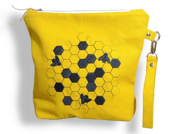 Project bag canvas, curry yellow, embroidery honeycomb
