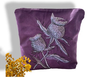 Project bag canvas, purple, embroidery thistles