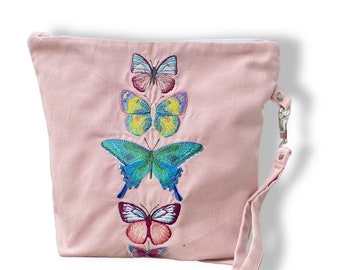 Project bag canvas, pink, embroidery butterflies
