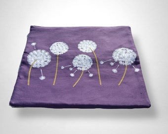 Knitting needle bag, needle roller, needle organizer, purple canvas, embroidered with dandelions