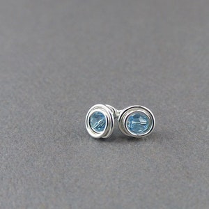 Premium Crystal Birthstone & Sterling Silver Post Earrings Small Birthday Stud Earrings March - Aquamarine