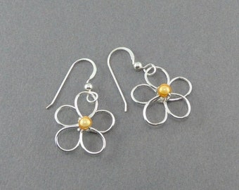 Wire Flower Earrings - Handmade Silver Wire Earrings - Silver Daisy Earring