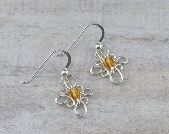 Wire Work Flower Earring Anna's Loop Celtic Earrings Sterling Silver with bead - Wire Work Classic Earring Small Dangle Earrings