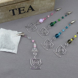 FIVE Tea Bag Steepers - clip for tea bags with silver tea cup and beads - beaded tea steeper