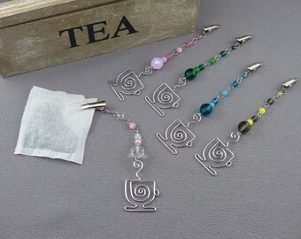 FIVE Tea Bag Steepers - clip for tea bags with silver tea cup and beads - beaded tea steeper