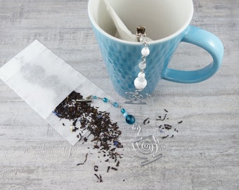 Tea Bag Steeper - Tea Bag Clip with Silver Wire Tea Cup and Glass Beads - Tea Bag Holder - Mother's Day Gift Tea Steeper