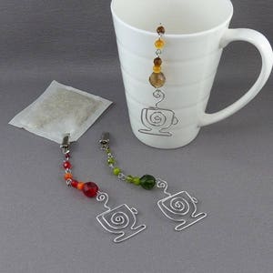 THREE Tea Bag Steepers -Tea Bag Holder Clip with silver tea cup and beads For Loose Tea Bags - Hostess Gift