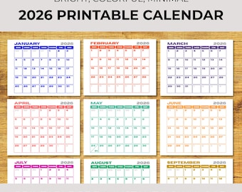 Kleurrijke maandkalender 2026 afdrukbaar: minimalistisch ontwerp (8,5 x 11) (digitale download)