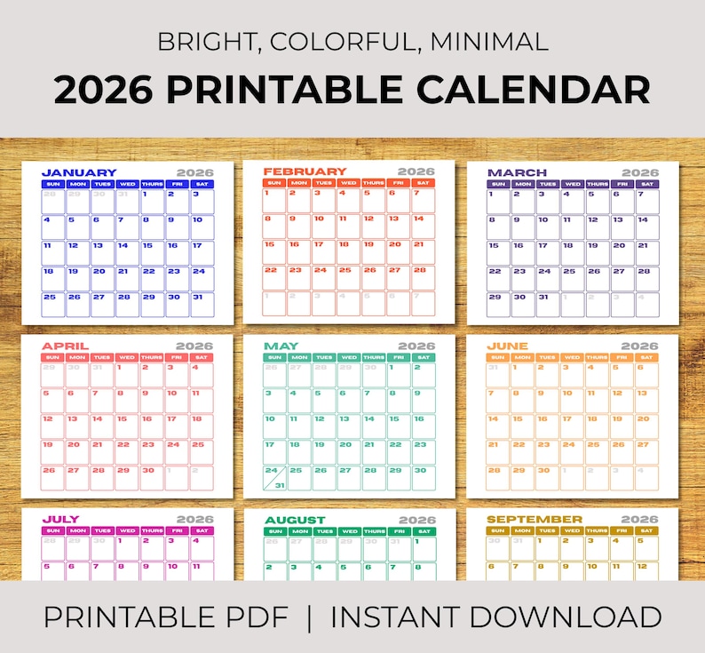 2026 Colorful Monthly Calendar Printable: Minimalist Design (8.5x11