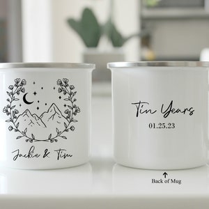 Personalized Tin Anniversary Camping Mug Set: Mountain Design