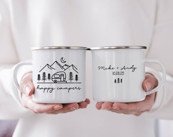 Happy Campers mug set, Happy Campers enamel mug, mug set for trailer, vintage trailer mug, camping together since, anniversary gift