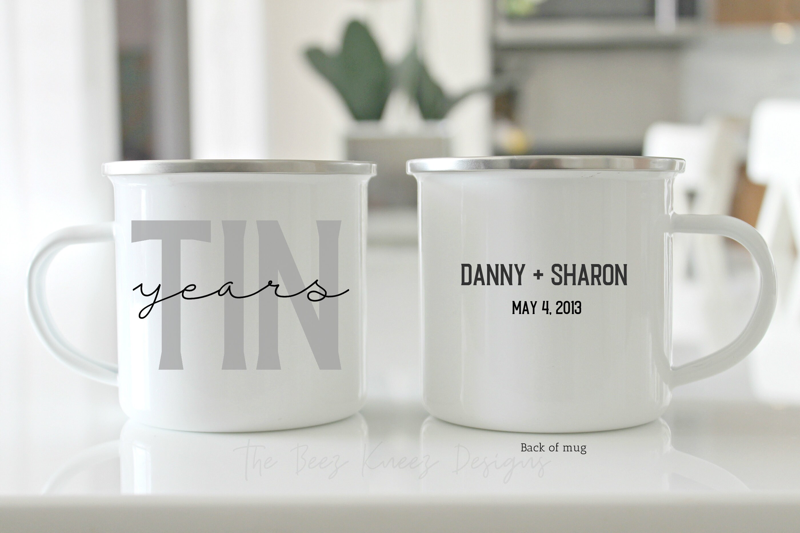Unique Tin Anniversary Enamel Gift for Wife or Husband - Camping Mug with Mountain Design