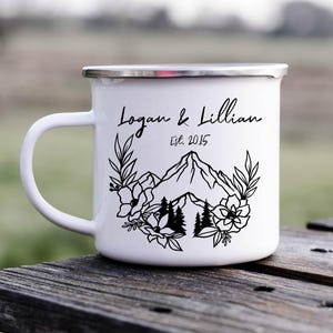 Happy Tin years, Tin anniversary gift, tin years, Camping mug, , tin cup, enamel mug, hubby, wifey, mountains, bears, camping,