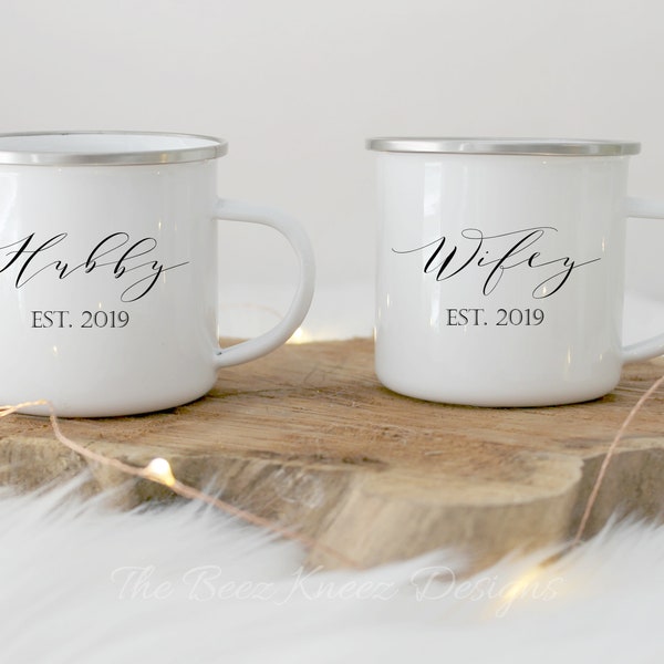 Hubby, wifey, Camping mug, tin cup, enamel mug, camping, outdoors, anniversary gift, wedding gift, mr & mrs, mug set, couples gift, est,