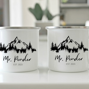 Engagement gift, wedding gift, tin years, mountain mug, enamel cup, gift for couple, anniversary gift, camping gift, travel gift, newlyweds