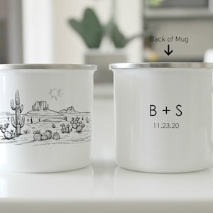 Camping mug, 2022, desert, cactus,  enamel mug, camping, outdoors, anniversary gift, wedding gift, mr and mrs, mug set, couples gift, est,