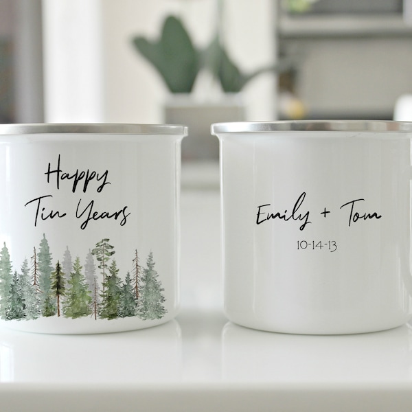 Happy Tin years, Tin anniversary gift, tin years, Camping mug, 2023, tin cup, enamel mug, hubby, wifey, mountains, bears, camping,