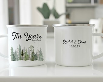 Anniversary mug set, ten year anniversary gift, camping mug set, tin year gift, tin years golden gift, gift for wife, gift for couple