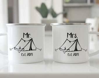 Camping mug, 2025, tin cup, enamel mug, camping, outdoors, anniversary gift, wedding gift, mr and mrs, mug set, couples gift, est,