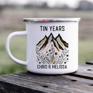 Happy Tin years, Tin anniversary gift, tin years, Camping mug, , tin cup, enamel mug, hubby, wifey, mountains, bears, camping,