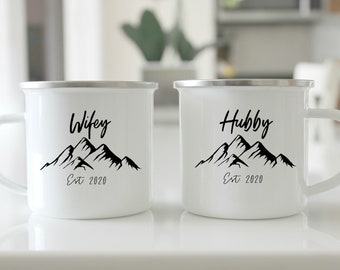 Camping mug, personalized mug, enamel cup, mug set, hubby, love, wifey, anniversary gift, wedding gift, mug set, Mr Mrs, personalized mugs