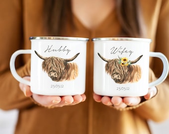 Highland Cow Enamel Mug for Couples, Unique Outdoor or Wedding Gift