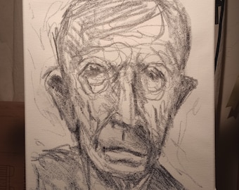 Origineel portret van een oude man - houtskoolschets op canvas - 12x16 - niet ingelijst