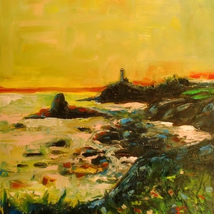 May include: A painting of a seascape with a lighthouse in the distance. The sky is a vibrant yellow with a hint of orange, and the water is a light blue with white waves. The foreground is a rocky shore with green grass and flowers.