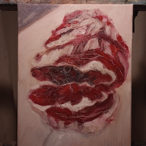 May include: A close-up of an oil painting of a red rose on a white background. The rose is painted in a realistic style with visible brushstrokes. The artist's signature, "Red Owl", is visible in the bottom right corner of the painting.